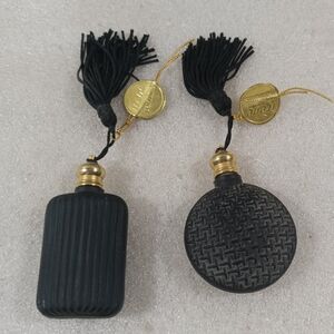 2 Vintage Black Satin Glass Perfume Bottles Ribbed Gold Cap Tassel